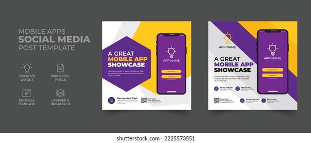 mobile app promotion social media post and web banner template. Editable apps Promotional creative business marketing website ad 