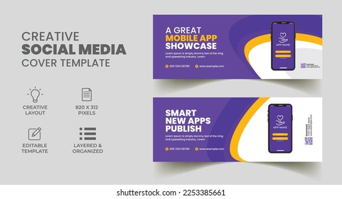 mobile app promotion social media post for facebook cover timeline. corporate creative web banner marketing ad template 