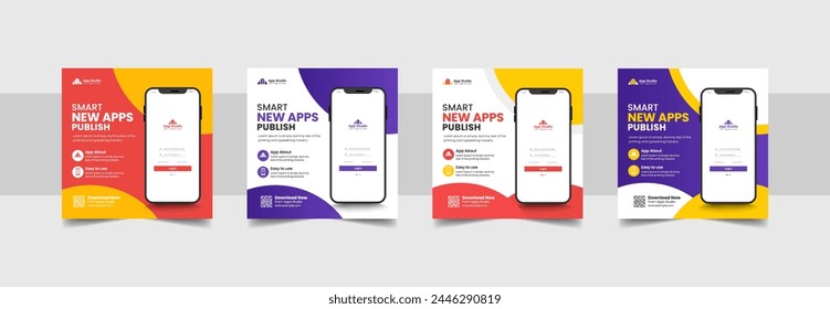 Mobile app promotion social media post and web banner template. Set of Editable square business web banner design template