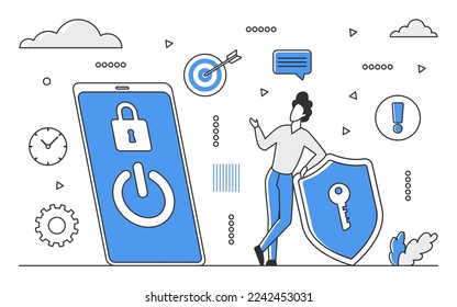 Protección de aplicaciones móviles. Acceso a la privacidad, sistema de seguridad de smartphone vector monocolor ilustración