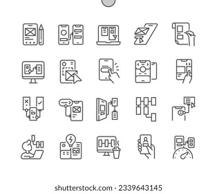 Prototipo de aplicación móvil. Barra de menú, crear marco de seguridad, flujo de usuario. Diseñador Ux. Iconos De Línea Delgada De Vector Perfecto De Pixel. Pictograma mínimo simple