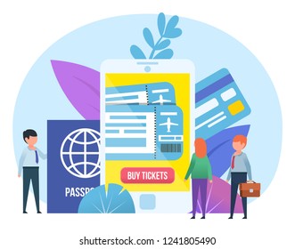 Mobile app for purchasing airplane tickets. Small people stand near big smartphone, passport, credit card. Poster for social media, web page, banner, presentation. Flat design vector illustration