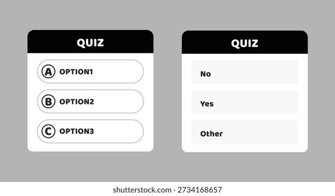 Mobile App Quiz UI Mockup, User Poll Interaction with Yes No and Option Buttons for App Design. Question sticker for typing answers. Quiz option interface social media mockup.