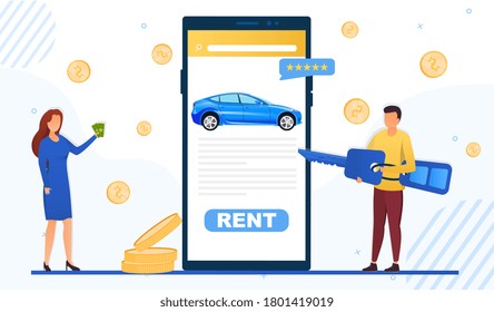 Mobile app for renting a car online showing the screen with a woman holding cash and man holding the key on either side, colored vector illustration