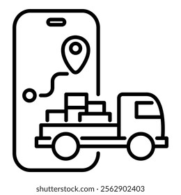 A mobile app with a route and location pin, alongside a delivery truck, symbolizing a moving service or delivery truck booking platform round line vector icon with editable stroke