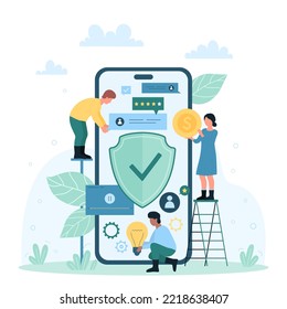 Mobile app safety, cybersecurity vector illustration. Cartoon tiny people protect data privacy and money transaction with safe shield, network elements on screen, antivirus firewall software for phone