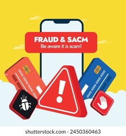 Mobile app Scam Alert. Be aware Scam alert post with mobile phone, credit or debit and big warning sign. Warning alert for Cyber attack, hacker attack, scam, fraud. Credit or Debit card scam fraud