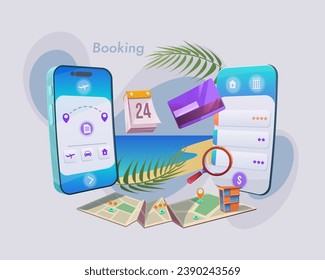 Mobile App-Bildschirm für Buchung, Urlaubsplanung. Smartphone, Benutzeroberfläche, Karte mit Hotels, Abreißkalender, Kreditkarte, Lupe, tropischer Strand, Palmenzweig. Vektorgrafik.
