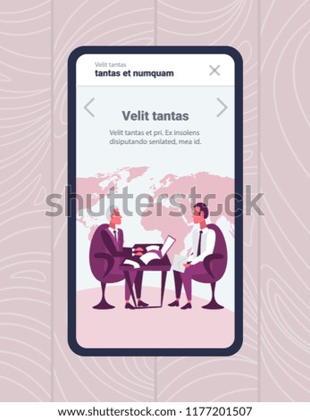 mobile app screen businessmen sitting workplace online business interview concept boss employer employee communication report using laptop holding envelope brainstorming vertical copy space flat