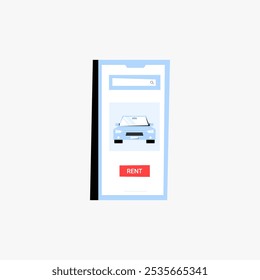 Mobile app screen with car rental option in flat vector illustration symbolizing online car booking, transportation service, and vehicle rental, isolated on white background.