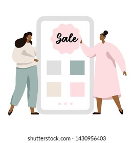 Mobile app screen concept with sale button. Referral program for friends. Two woman showing smartphone screen with shop application. Flat vector illustration.