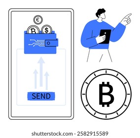 Mobile app screen displaying crypto wallet with coins, send button, and Bitcoin symbol. Person pointing with tablet. Ideal for cryptocurrency, fintech, mobile payments, blockchain, digital wallets