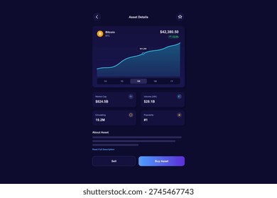Mobile app screen displaying digital currency market data including a line graph, current price, and trading volume statistics on a dark themed user interface.