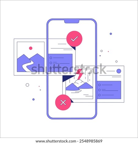 Mobile App Screen Displaying Image Approvals Symbolizing Content Review And Digital Decision Making, Flat Vector Illustration, Isolated On White Background.