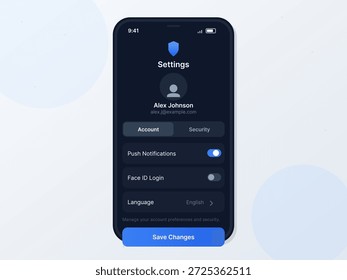 Una pantalla de App móvil que muestra las Configuraciones del usuario. Las características incluyen detalles de Cuenta, opciones de seguridad, notificaciones push y Configuraciones de idioma para las preferencias del usuario.