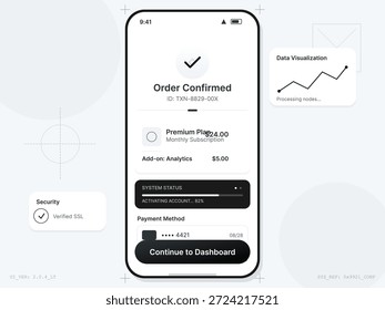 Una pantalla de App móvil muestra la confirmación del pedido de un servicio de Suscripción. Incluye detalles de pago, Estado del sistema y funciones de visualización de datos.