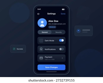 Uma tela do aplicativo móvel exibe as configurações do usuário. Os detalhes da conta são mostrados junto com as opções para notificações e modo escuro. Um botão para salvar alterações está visível.