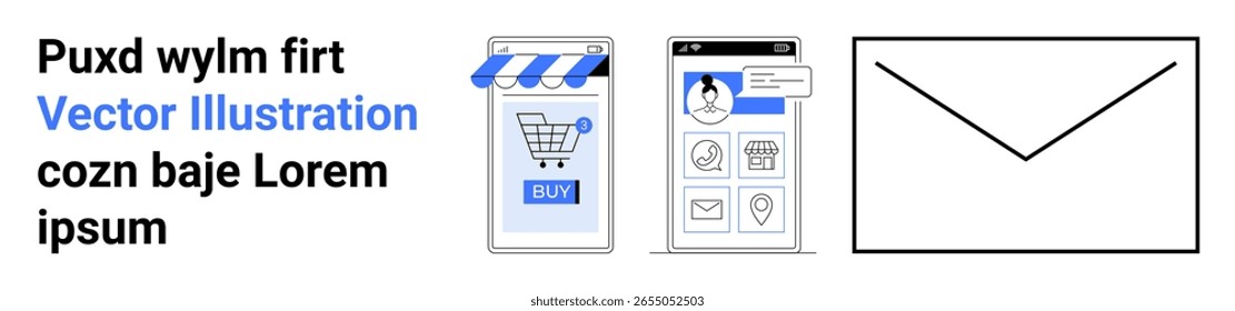 Tela de aplicativo móvel com carrinho de compras e botão COMPRAR, perfil do usuário, ícones de configurações e um envelope de email. Ideal para e-commerce, aplicativos móveis, lojas on-line, marketing digital, campanhas de e-mail, usuário
