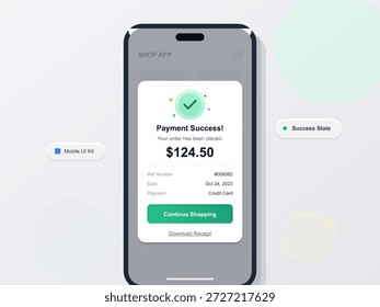 Ein mobiler App-Bildschirm zeigt eine Benachrichtigung über den Zahlungserfolg nach einem Online-Kauf an. Es zeigt die Bestellsumme, die Referenznummer und die Optionen an, um mit dem Einkauf fortzufahren oder eine Quittung herunterzuladen.