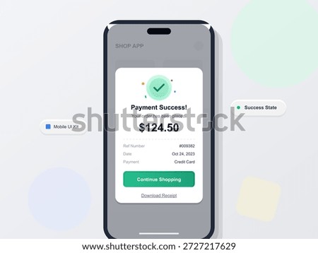A mobile app screen shows a payment success notification after an online purchase. It displays the order total, reference number, and options to continue shopping or download a receipt.