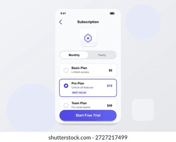 Una pantalla de App móvil muestra Planes de suscripción disponibles para los usuarios, incluidos Planes básicos, profesionales y de equipo con detalles de Precios. Una opción para una Prueba gratis también es visible.