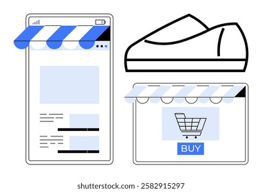 Mobile app screen with storefront graphics, shopping cart, and shoe icon. Ideal for e-commerce, online retail, mobile shopping, digital marketing, app development, user interface design, consumer