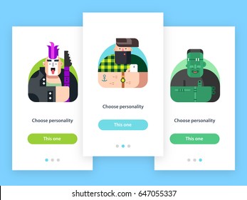 Mobile app screens with avatar characters