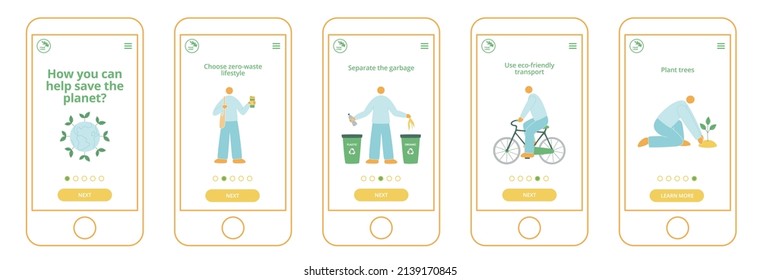 Mobile app screens design about ecology. Mobile version web pages templates. Online eco store design. Hand drawn flat style. Eco lifestyle concept. Saving environment steps