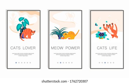 Mobile app screens set of Guilty cat. Cute and playful kitten damage houseplant concept isolated. Naughty cats are eating house plants. Flat Art Vector illustration