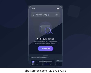 Uma interface de pesquisa de aplicativo móvel exibe uma mensagem informando que nenhum resultado foi encontrado para o Widget de Calendário. Os componentes sugeridos são mostrados ao lado dos filtros para ajustar a pesquisa.