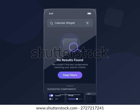 A mobile app search interface displays a message stating no results found for Calendar Widget. Suggested components are shown alongside filters for adjusting the search.