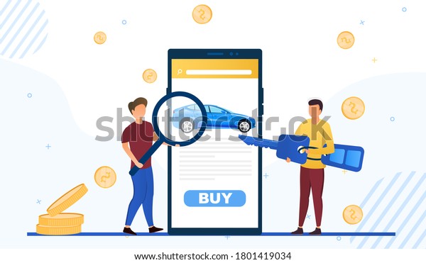 Mobile app for\
searching for a car to buy online showing the screen with one man\
holding a magnifying glass and man holding the key on either side,\
colored vector\
illustration