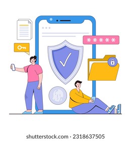 Mobile app security vector illustration concept with characters. App permissions, secure app access, mobile device safety. Modern flat style for landing page, web banner, infographics, hero images.