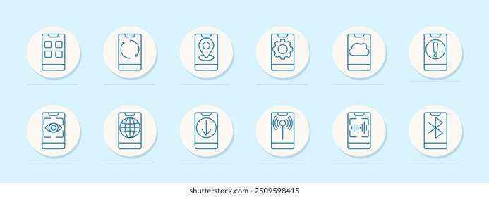 Mobile app set icon. Home screen, sync, location, settings, cloud, alert, visibility, globe, download, signal, sound, Bluetooth, navigation, communication, technology, device, software, internet