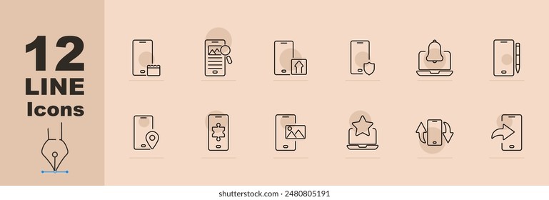 Mobile app set icon. Smartphone, screen, upload, shield, notification, location, puzzle, image, star, sharing. Vector line icon on beige background.