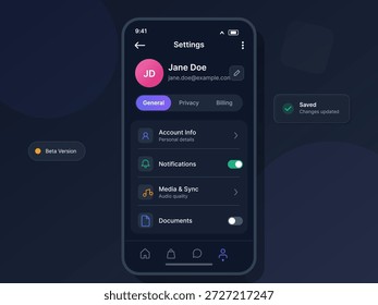 Se muestra una pantalla de Configuraciones del App móvil con detalles de Cuenta del usuario, Configuraciones de notificación y opciones de medios. La interfaz presenta un diseño moderno con un tema oscuro.