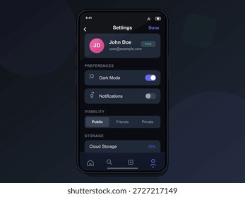 La pantalla de Configuraciones del App móvil muestra las opciones de usuario para el modo oscuro, las Configuraciones, las notificaciones de visibilidad y el Estado de almacenamiento. Diseño fácil de usar en un estilo moderno.