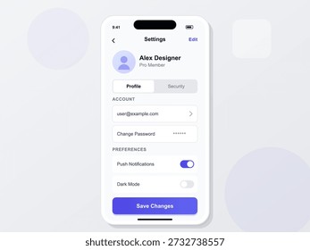 A tela de configurações do aplicativo móvel exibe informações de perfil do usuário, opções de conta e preferências para notificações por push e modo escuro.