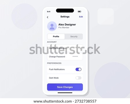 The mobile app settings screen displays user profile information, account options, and preferences for push notifications and dark mode.