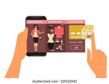 Mobile App Shop For Women Online Shopping Of Fashion Dressin The Online Mobile Store. Woman Buy Fashion Dress And Pay By Gold Credit Card Via Electronic Money