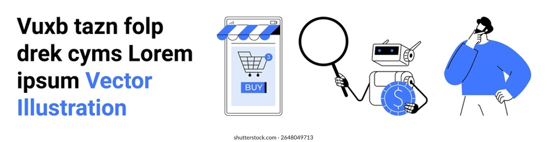 Aplicativo móvel com carrinho de compras e botão de compra, robô examinando moeda, pessoa com lupa. Ideal para e-commerce, análise financeira, aplicativos de compras, IA, marketing, pesquisa, análises técnicas