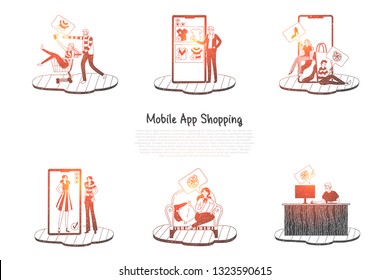 Mobile app shopping - people ordering and making purchase via mobile shopping vector concept set. Hand drawn sketch isolated illustration