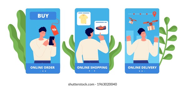 Mobile app shopping template. Online shop, easy buy and pay. Apps development, ui ux graphic. Flat ecommerce, man order on phone utter vector set