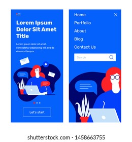 Mobile app, sign up start page, web screnns. Man with the laptop character. web forms with the detailed description. Vector design. Pop up with buttons and inputs.