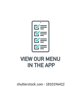 mobile app single icon online order and food delivery banner isolated on white. outline app symbol menu, check list, done, hand. Quality element application menu on smartphone with editable Stroke