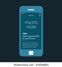 Mobile app single screen ui kit. Blog post screen.