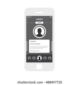 Mobile app single screen ui kit. Clients list carousel screen.