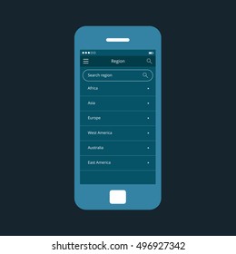Mobile app single screen ui kit. Region search screen.