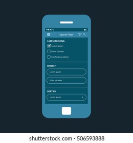 Mobile app single screen ui kit. Search filter screen.