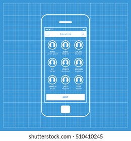 Mobile app single screen ui kit. Friend list screen.